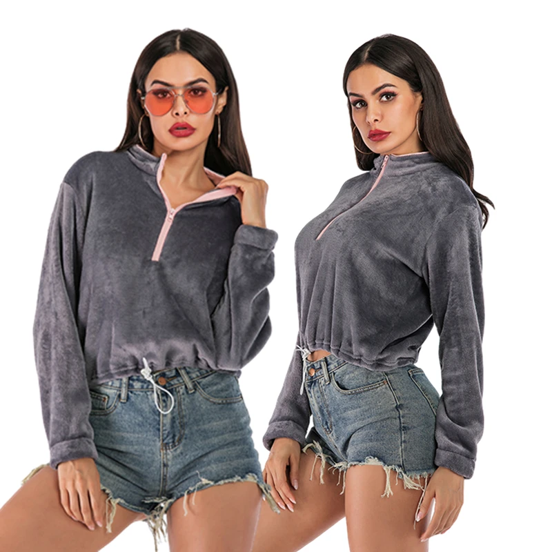 

Autumn Winter Thick Warm Coat Women Half zipper Hoodies Sweatshirt Solid Pullover Casual Drawstring Tops lady Long Sleeve