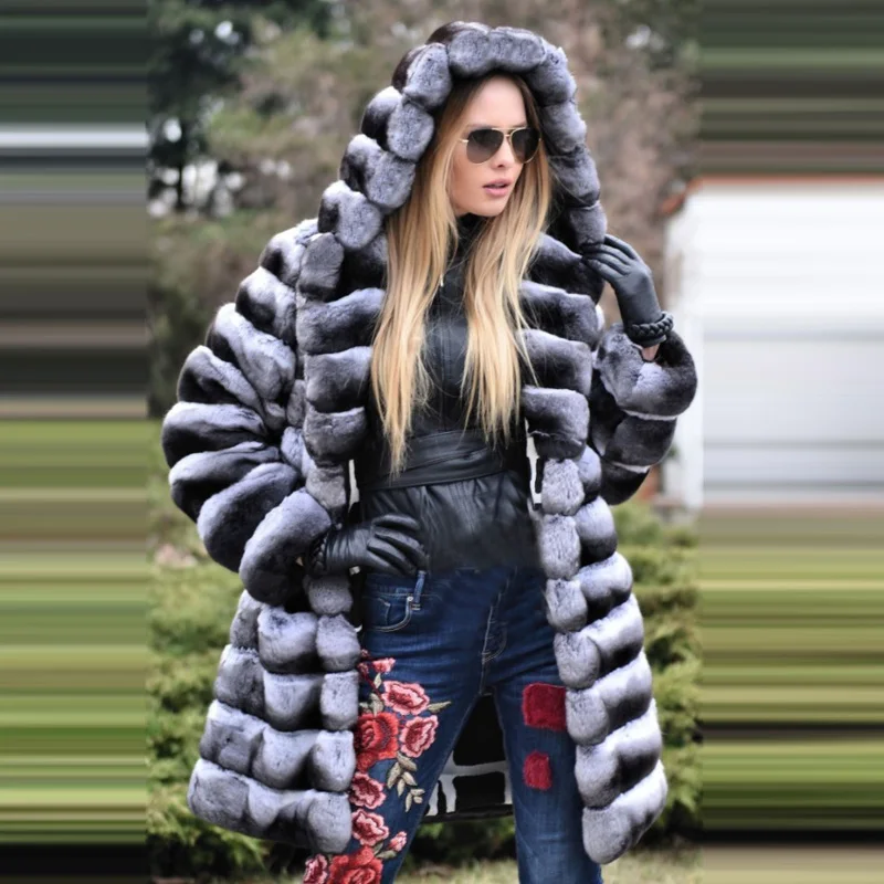 90cm long hood Высокое качество Шиншилла Шуба для женщин шуба из кролика рекс стоячий воротник натуральный мех пальто - Цвет: 90cm long hood