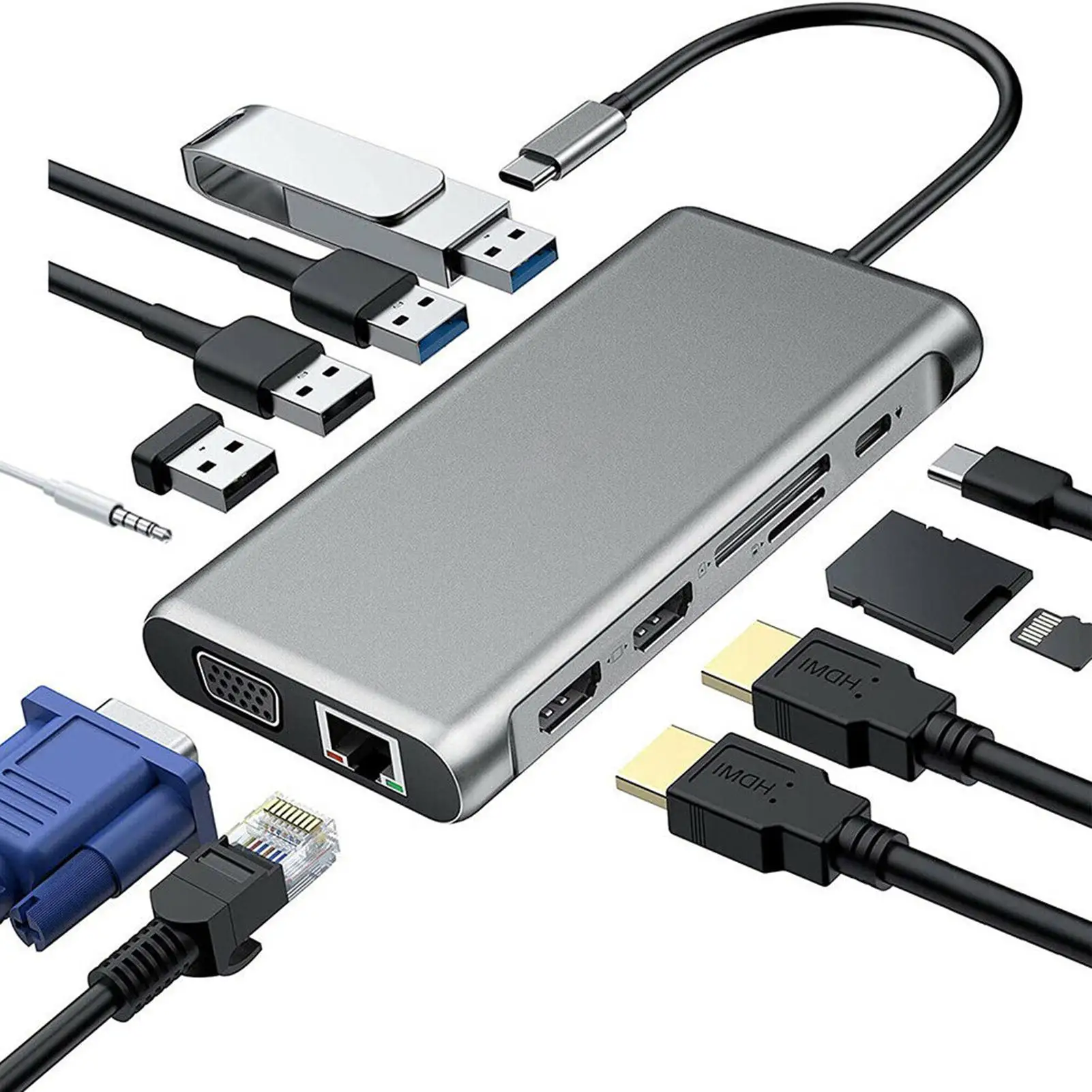 Адаптер USB 12 в 1 Thunderbolt 3 Dock Dual Hdmi 4K VGA TF карта RJ45 Gigabit Ethernet PD для MacBook ноутбука аудио