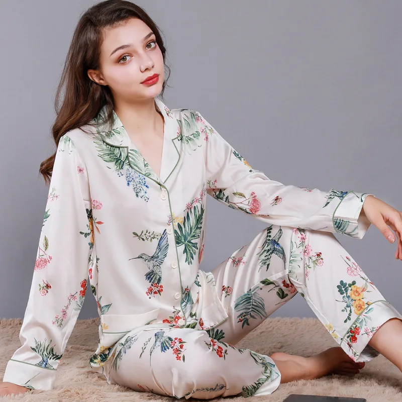 Casual 2Pcs Shirtu0026pants Women Satin Sleepwear Pajamas Set Lingerie Print  Flower Home Clothes Loose Nightwear Lounge Wear - купить по выгодной цене |  AliExpress