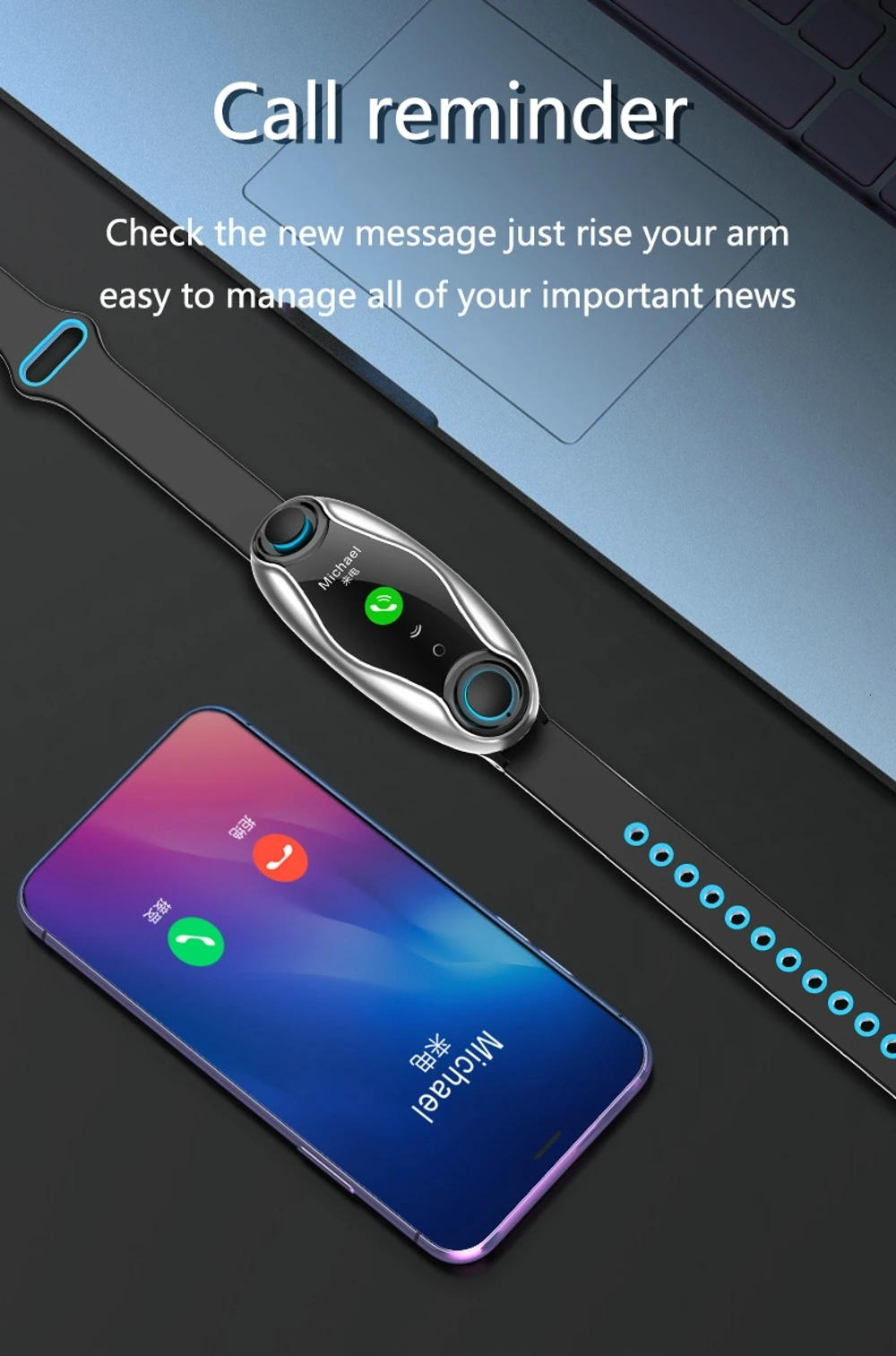 2 в 1 Беспроводные наушники, двойные наушники с Bluetooth, наушники для ответа на вызов, дыхательный светильник, фитнес-браслет, умные часы