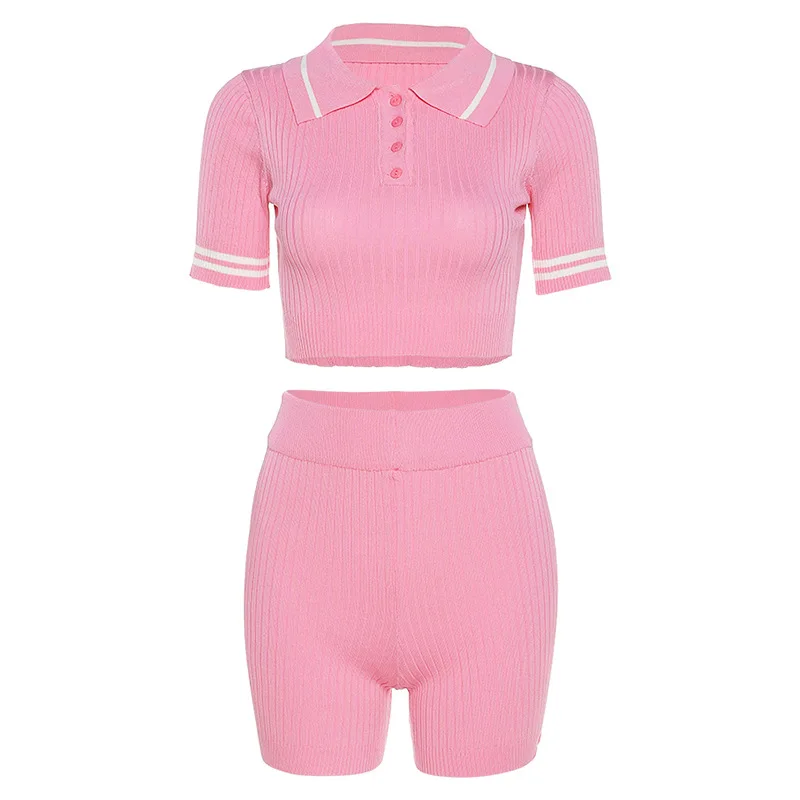 

2020 Summer Women Fashion Ribbed Two Piece Set Women Turn Down Collar Crop Tops Biker Shorts Suit Female Caual Clothing