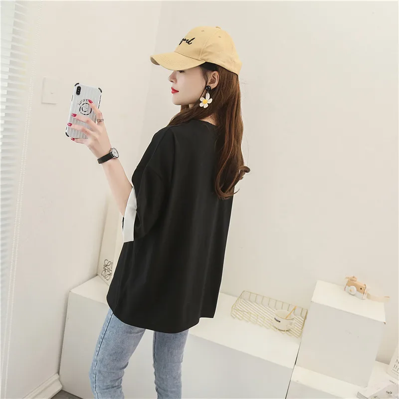 

Houthion New Letter Print Women's T-shirt Short Sleeve Top Loose O-neck Fashion Casual Plus Size Cotton Office Lady Summer