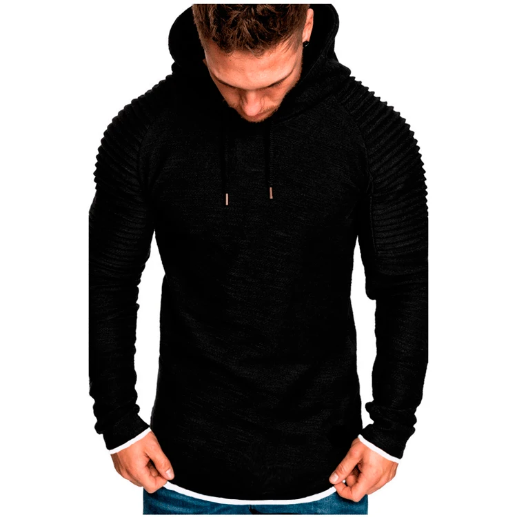 

Men's Round Neck Slim Fit Hooded Long-sleeved T Shirt with Stripes Pleats and Rotator Sleeves