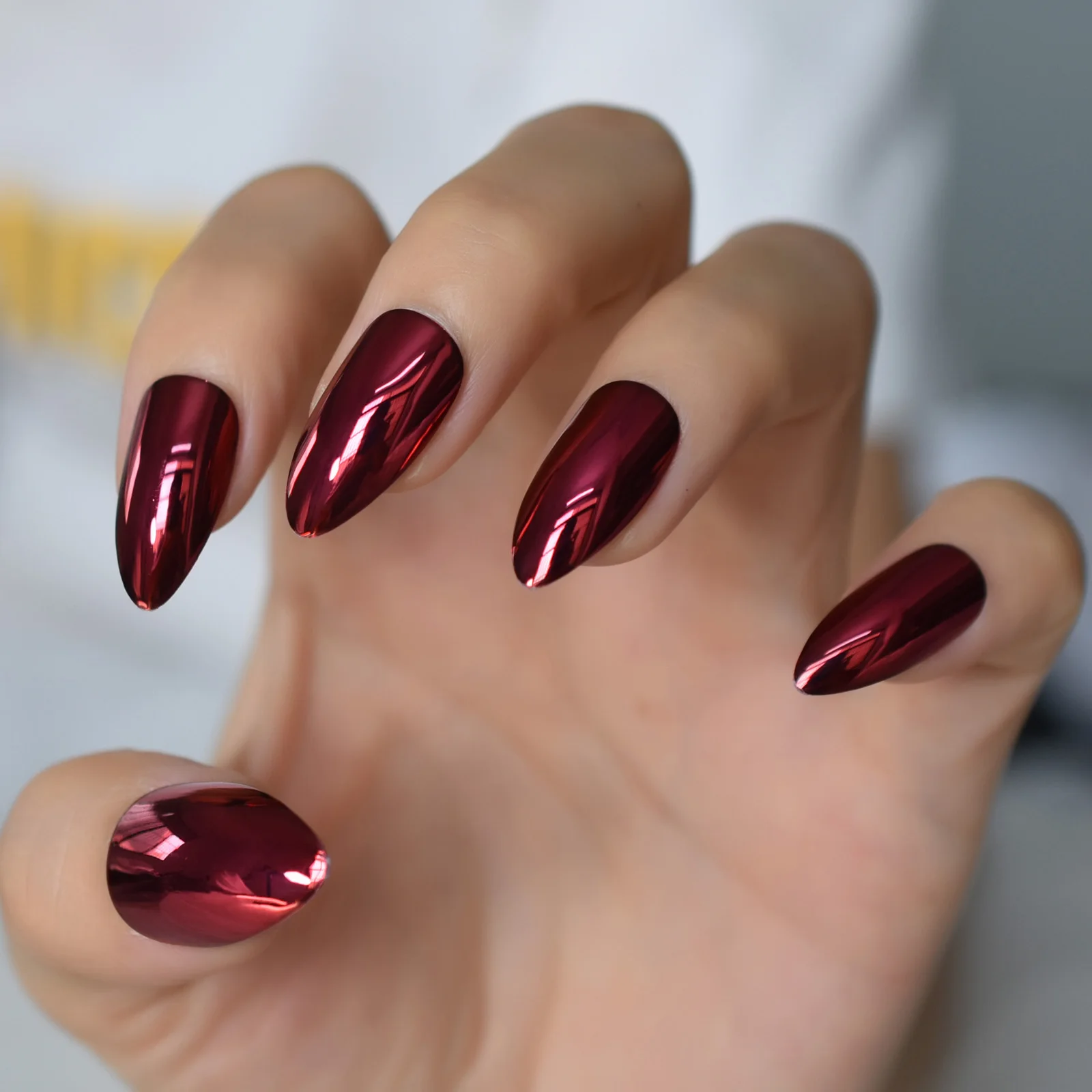 Dark Red Metallic Nails Almond Short Burgundy Mirror Press On False Nail Tips Stiletto Glossy Full Cover Stick 24pcs - купить по