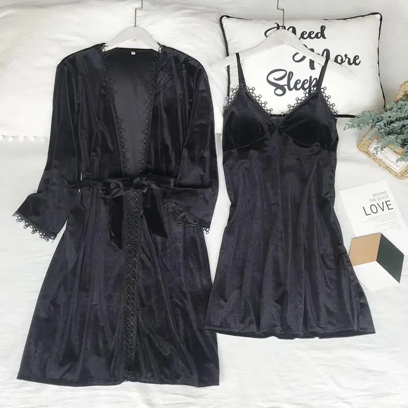 Black3 Теплый Бархатный халат, кимоно, одежда для сна, мягкий велюр, женский свадебный халат, ночная рубашка, ночное белье, повседневное банное платье, интимное белье - Цвет: Black3