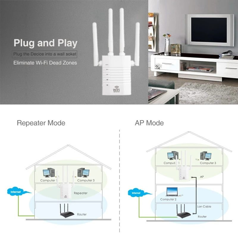 

WD-1205U 1200M Dual Band Repeater Wireless Signal Amplifier 2.4/5G High Power Ap Home Wifi Extender US Plug
