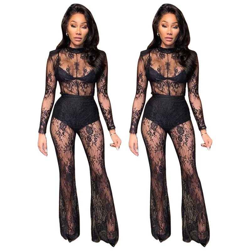

Somoshein S-2xl Black Long Sleeve Lace See Through Sexy Jumpsuits Women Party Clubwear Transparent Romper Wholesale Dropshipping