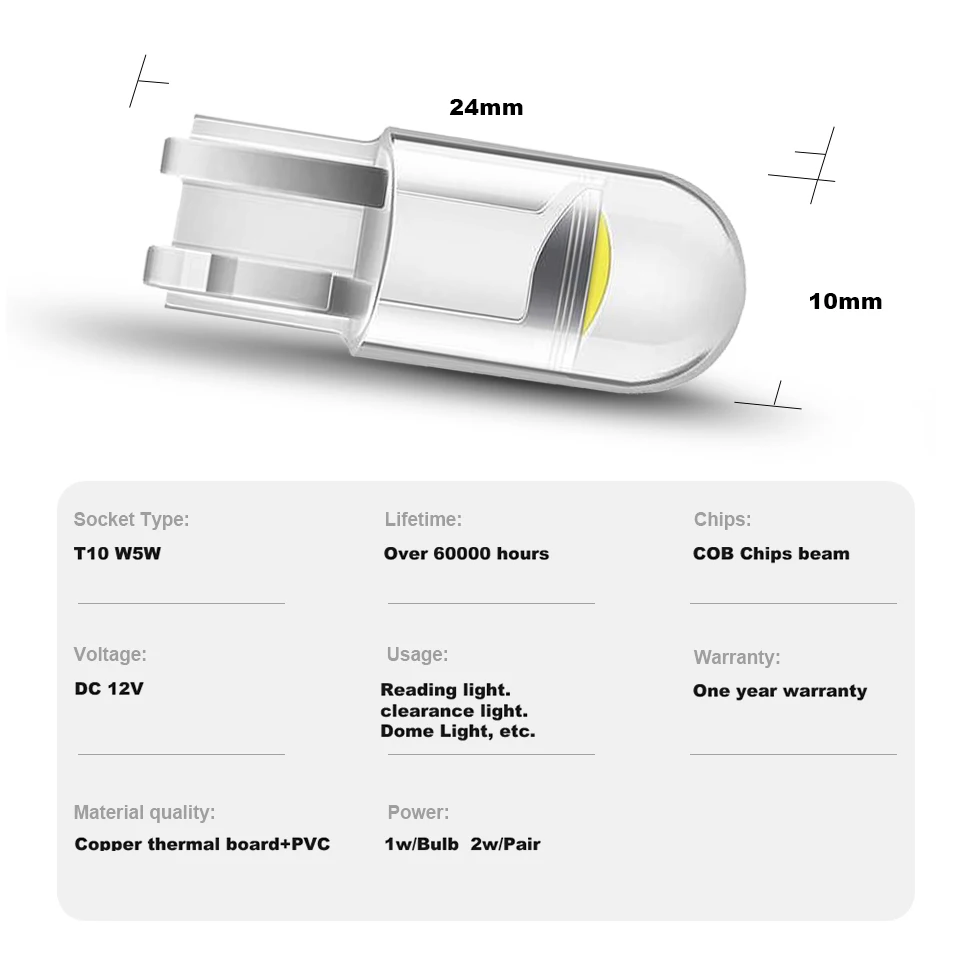 

ANMINGPU 10X/20X Signal Lamp Led T10 COBSMD Led W5W Canbus 194 168 Auto Wedge Door Light Instrument Lamp License Plate Light 12V