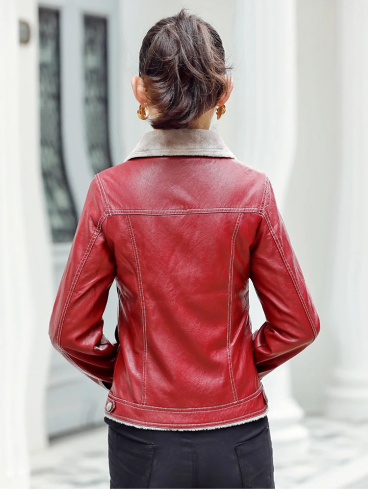 New Women Sheep Leather Jacket Autumn Winter Casual Fashion Double-Faced Lambswool Liner Thick Warm Slim Short Sheepskin Coat