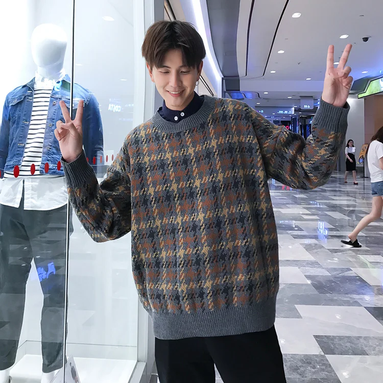 Винтажное платье для пары, мужские свитера с круглым вырезом в клетку, пуловеры для женщин, вязаная одежда, осенне-зимняя одежда, уличная одежда MY07