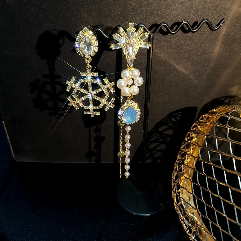 

MENGJIQIAO Korean Fashion Rhinestone Snowflake Asymmetry Long Drop Earrings For Women Blue Waterdrop Crystal Pendientes Jewelry