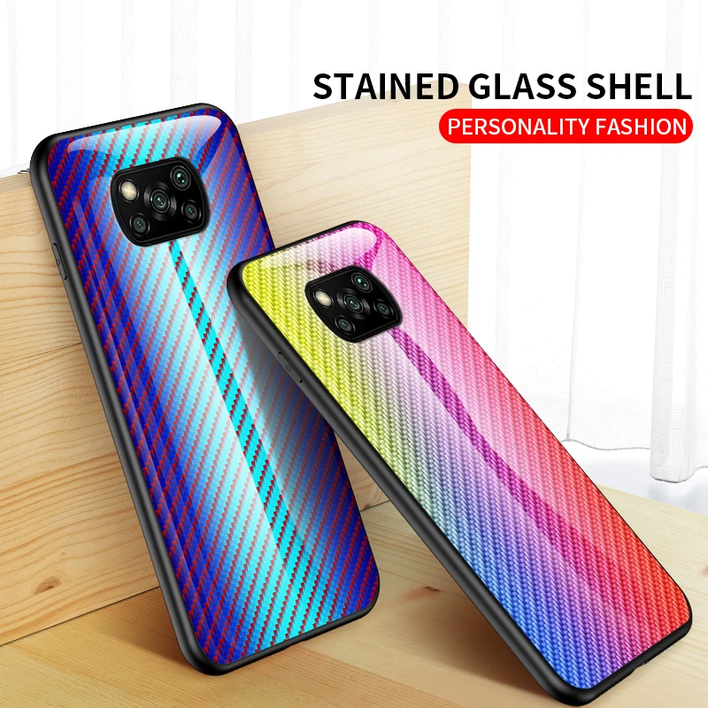 

KEYSION Carbon Solder Texture Organic Glass Case For Xiaomi POCO X3 NFC X2 Back Cover For POCO F2 M2 Pro Soft Bordure Case