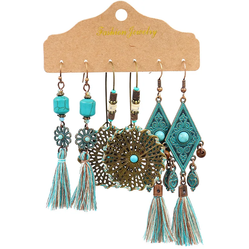 

3PCS Vintage Ethnic Tassel Dangle Hanging Earrings for Women Colorful Multielement Geometry Drop Earrings Beads Bohemian Jewelry