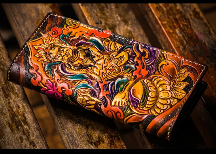 Handmade Wallets Carving the god of wealth Purses Men Long Clutch Vegetable Tanned Leather Wallet Card Holder