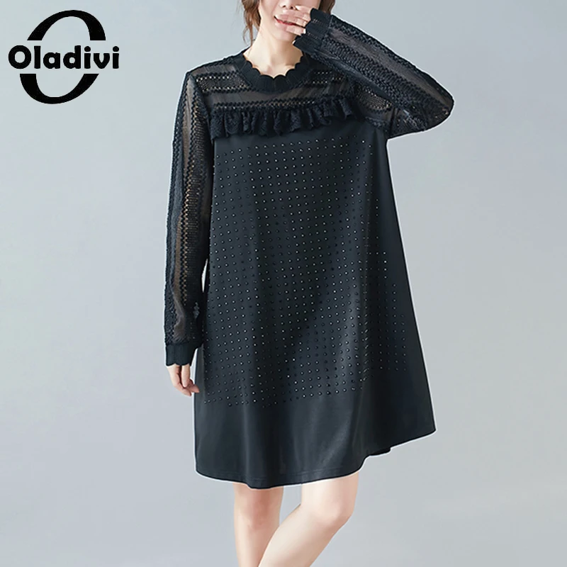 

Oladivi 2021 Autumn New Long Sleeve Mesh Dress Oversized Women's Fashion Ladies Casual Loose Solid Dresses Black Vestidios 9470