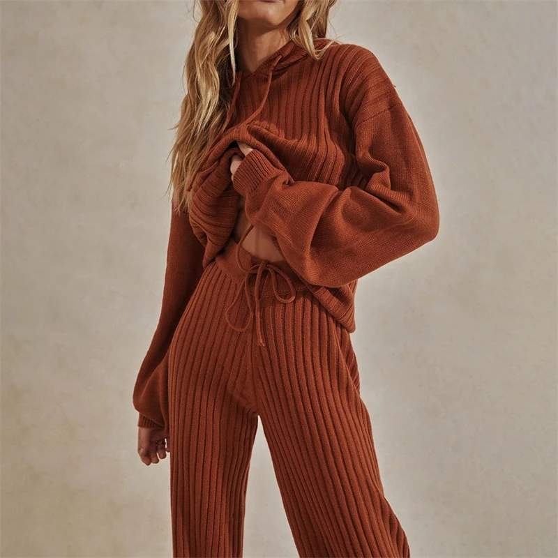

Knitted Two Piece Set Women Tracksuit Autumn Winter Clothes Hoodies Sweaters Wide Leg Pants Suits Casual Women's Sets Outfits