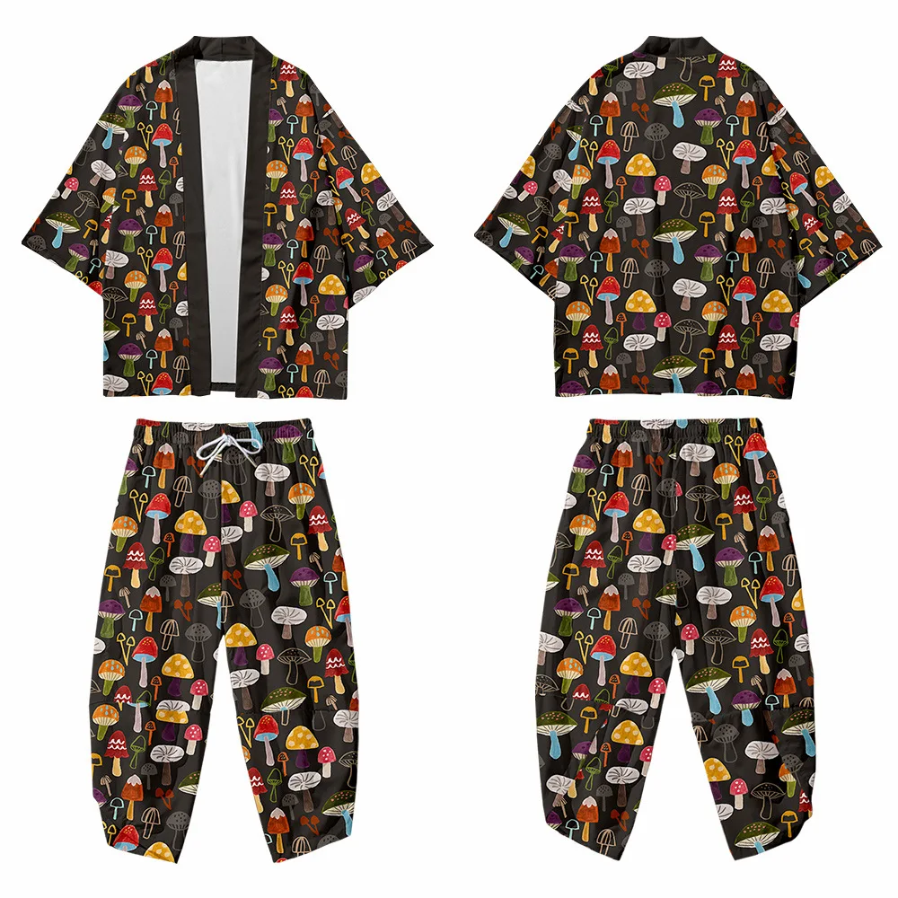 Кимоно с принтом в виде грибов для мужчин и женщин свободные японские штаны стиле