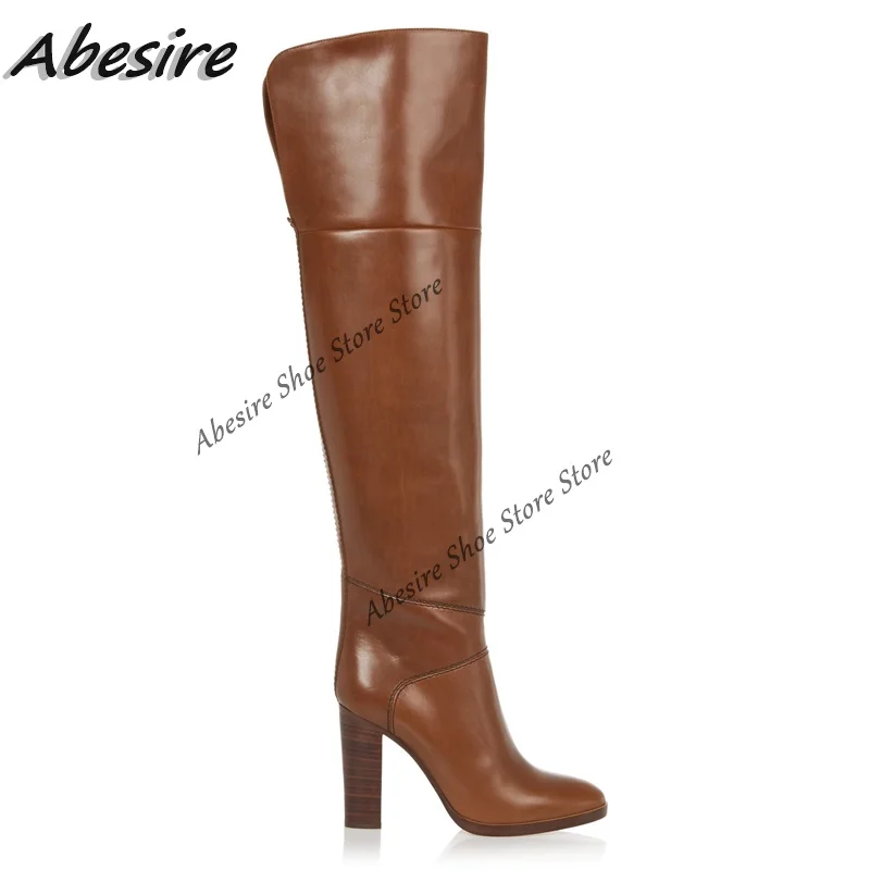 Abesire Long Boots Brown Slip On Wooden High Heel Round Toe Thigh High Boots Women Boots Solid New Autumn Winter Big Size Shoes