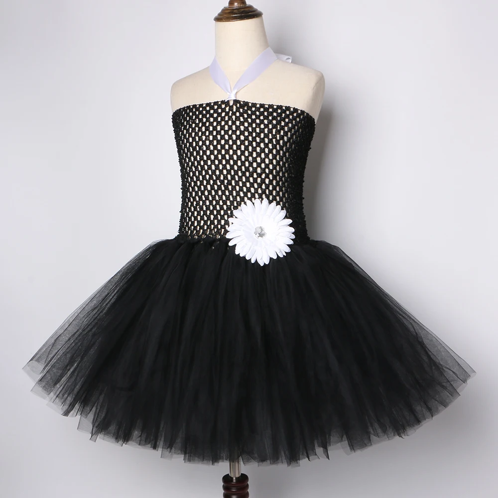 Черное платье-пачка для девочек с белым цветком Вечерние платья ручной работы