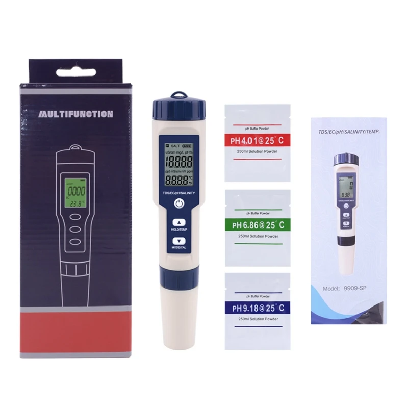 

5 in 1 Digital pH Meter with TDS/EC/Salinity/Temperature Measurement Waterproof Highly Accurate Multi-Parameter Tester
