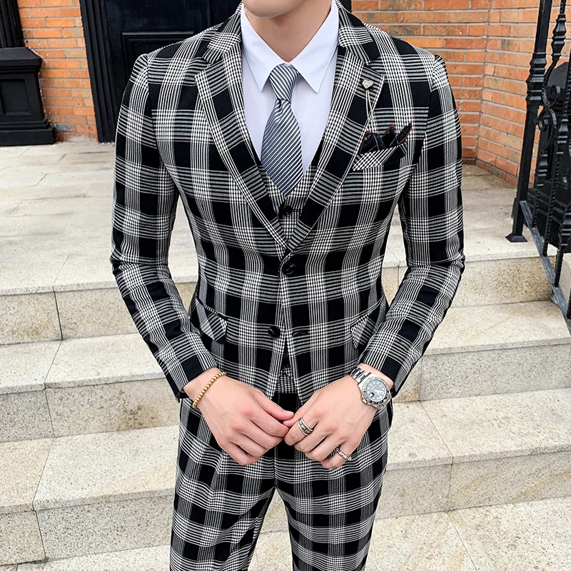 Мужской деловой костюм из трех предметов Блейзер куртка брюки в клетку