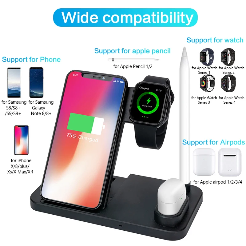 Беспроводное зарядное устройство 4 в 1 10 Вт быстрая зарядка для iPhone 11/11pro/X/XS/XR/Xs Max/8/8