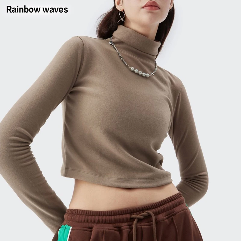 

Rainbowwaves Autumn Turtleneck Long Sleeve T-shirt Slim Women's Solid Bottoming Tee Shirt Streetwear Basic Clothing