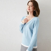 2022 spring and autumn new womens v neck fake two piece pullover sweater korean version elegant fashion simple knitted sweater