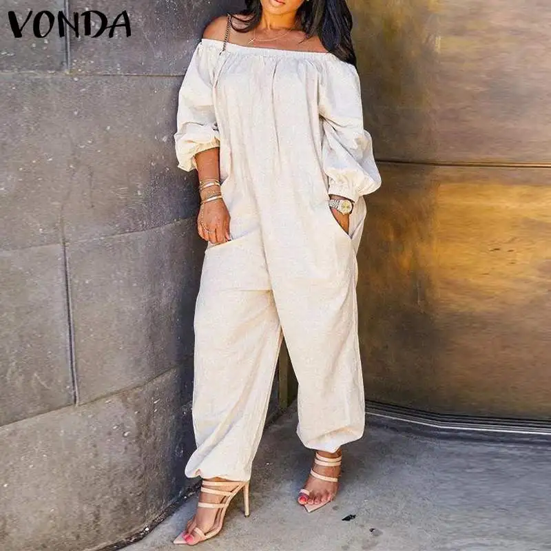 2021 VONDA Summer Rompers Women Autumn Long Overalls Ladies Long Sleeve Casual Solid Playsuits Femme OL Office Pantalones