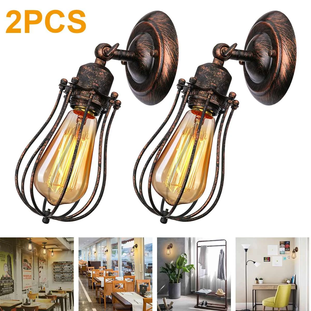 

2PCS/Set Vintage Wall Light E27 Adjustable Industrial Wall Lighting Rustic Wire Metal Cage Sconce Retro Wall Lamp Bedside Lights