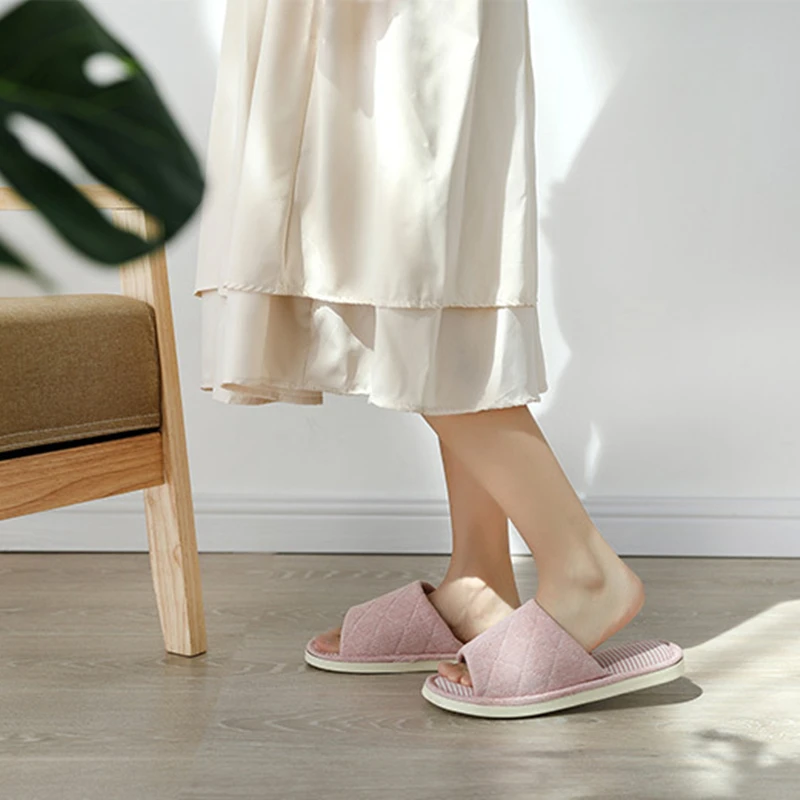 Spring Autumn Simple House Women and Men Cotton Slippers Open Toe Soft Sole Ladies Floor Flat Shoes Indoor Bedroom Ladies Slides