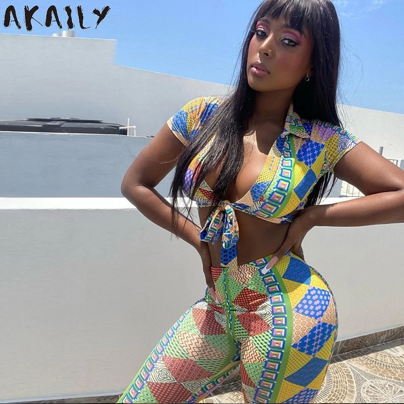 

Akaily Summer Streetwear Plaid Print 2 Two Piece Sets Womens Outfits V Neck Bandage Crop Top Long Pants Sets Sweatpant Sets 2021