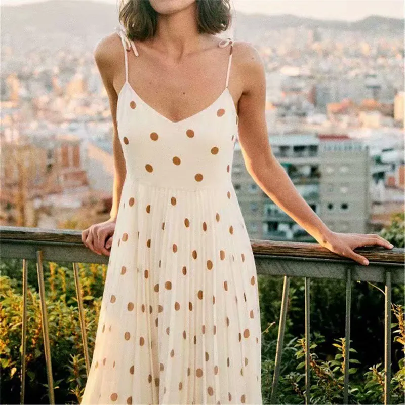 

Women sleeveless summer midi dress Sexy polka dot print summer beach dress Draped ladies holiday chic party dress