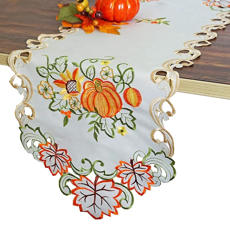 

Настольные бегунки для осеннего урожая на День Благодарения, Хэллоуин, праздничное украшение стола, вышитые кленовые листья и тыквы