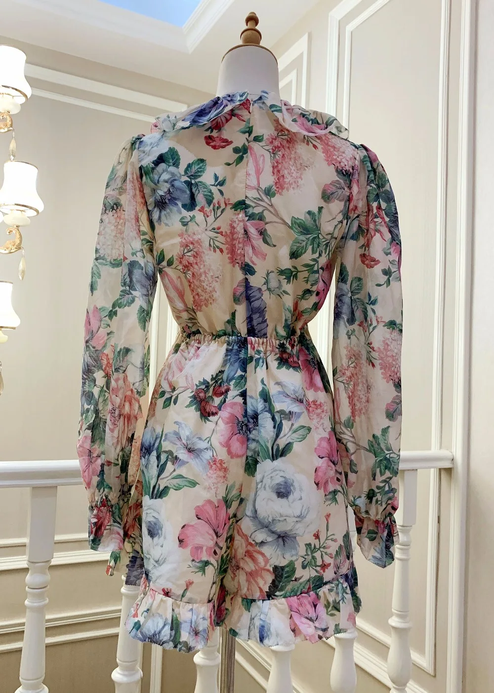 Women's New Summer Linen+ Silk Printing V-neck Long Sleeve Lacing Ruffle Fashion Playsuits