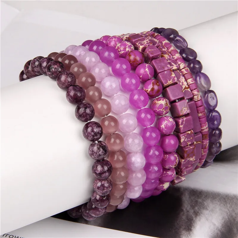 

Minimalist Purple Bracelets For Women Fashion Amethysts Jad Cat Eye Fluorite Natural Stone Beaded Stretch Bracelet Girl Jewelry