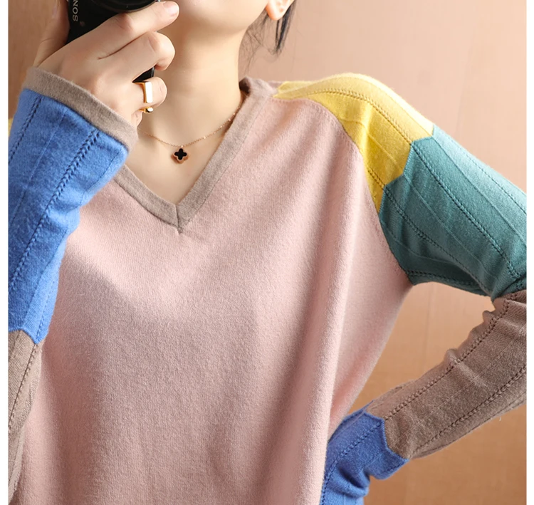 

Spring autumn V-neck cashmere sweater sleeve sweater Korean was thin fresh color matching wool knitted bottoming shirt L246