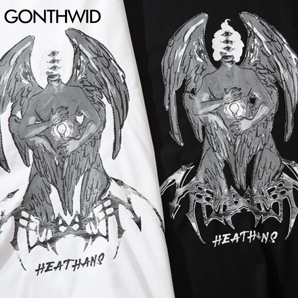 

GONTHWID Tees Shirt Men Summer Hip Hop Streetwear Gothic Punk Devil Print Cotton Casual Harajuku Short Sleeve T-Shirt Loose Tops