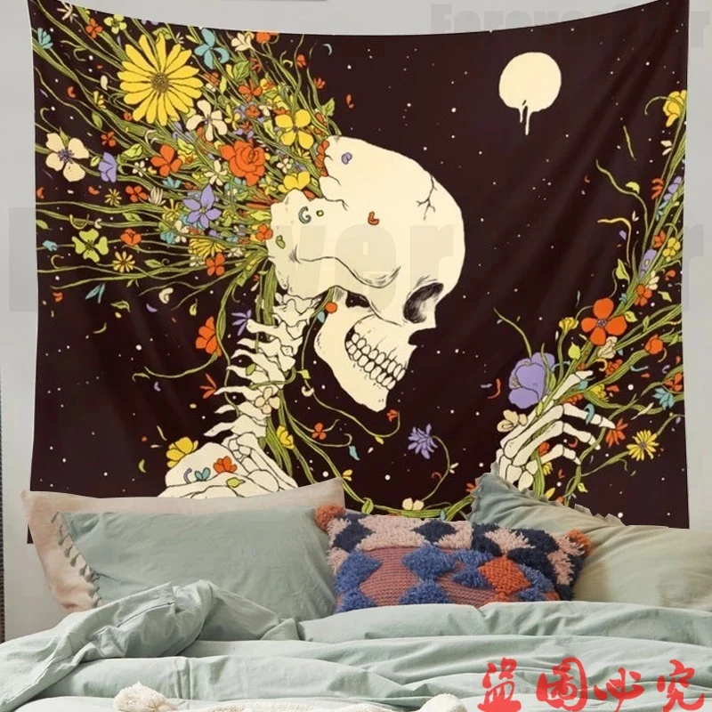 

Skull Floral Tapestry in Flowers Moon Tapestry Mandala Carpet Hippie Divination Black Skull Witchcraft Wall Hanging Blanket