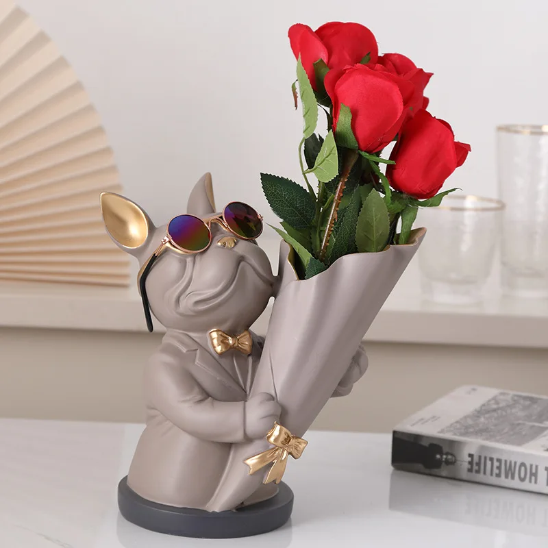 

Creative Gentleman Bulldog Holding Flower Statue Cool Dog Sculpture Figurine Home Decoration Accessories for Living Room