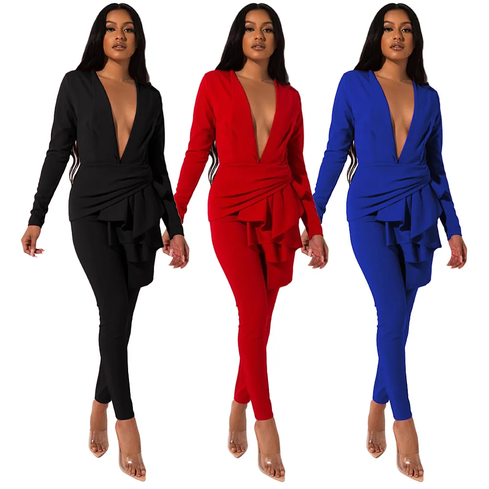 

Ladies fashion casual sports women two-piece dress sexy deep V-neck irregular hem solid color suit