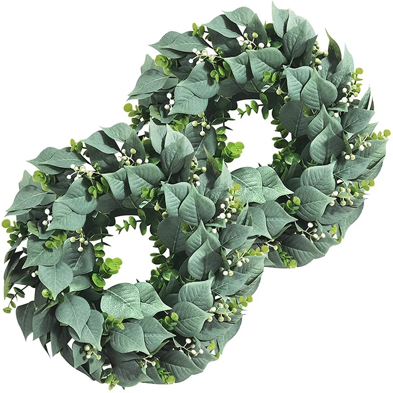 

2 Pack Artificial Eucalyptus Wreath for Front Door Decor, 11inch Greenery Leaves Wreath with Seeds for Home Wall Window
