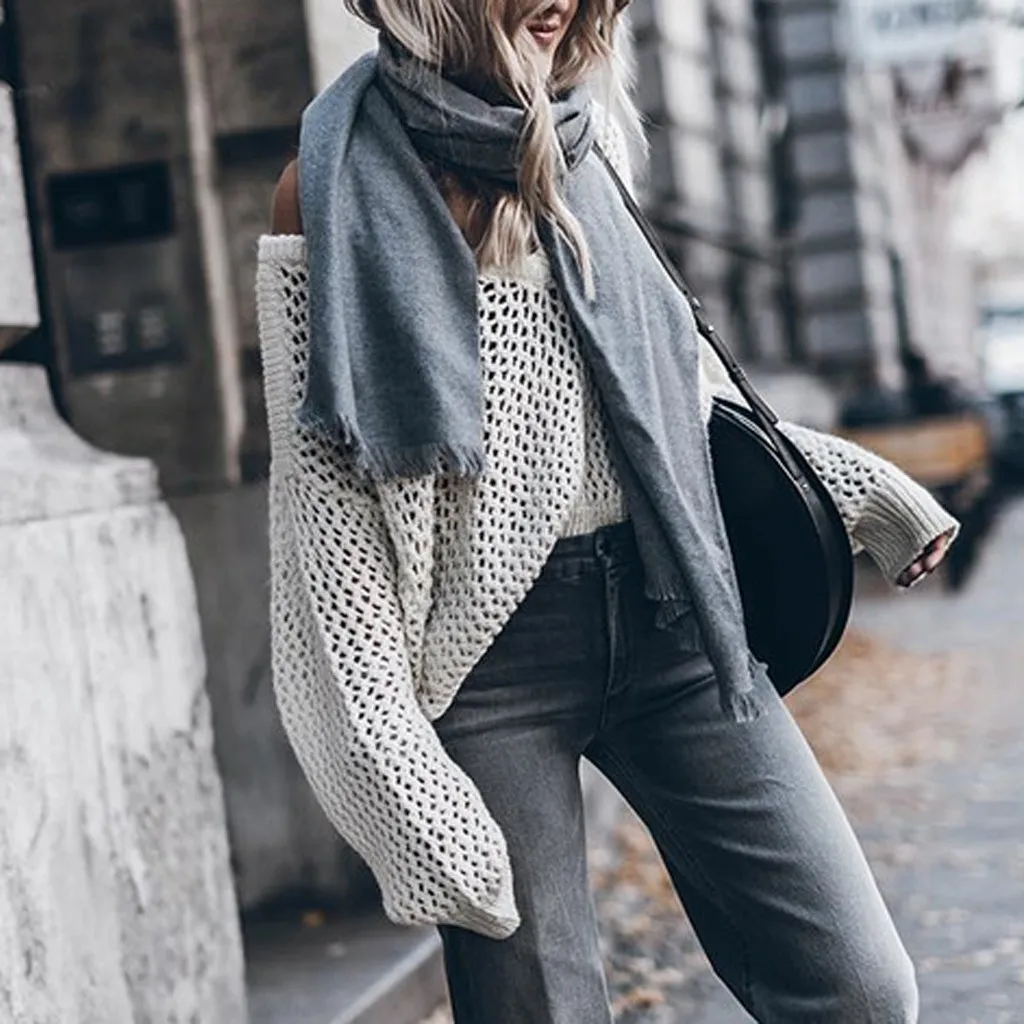 Женский пуловер с длинным рукавом однотонный трикотажный свитер круглым вырезом