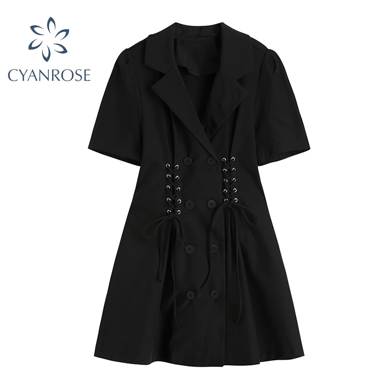 Женское платье блейзер на завязках облегающее мини с двумя рядами пуговиц в