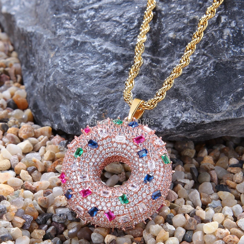 

Hip hop donut multicolour zircon iced out brass chain pendant