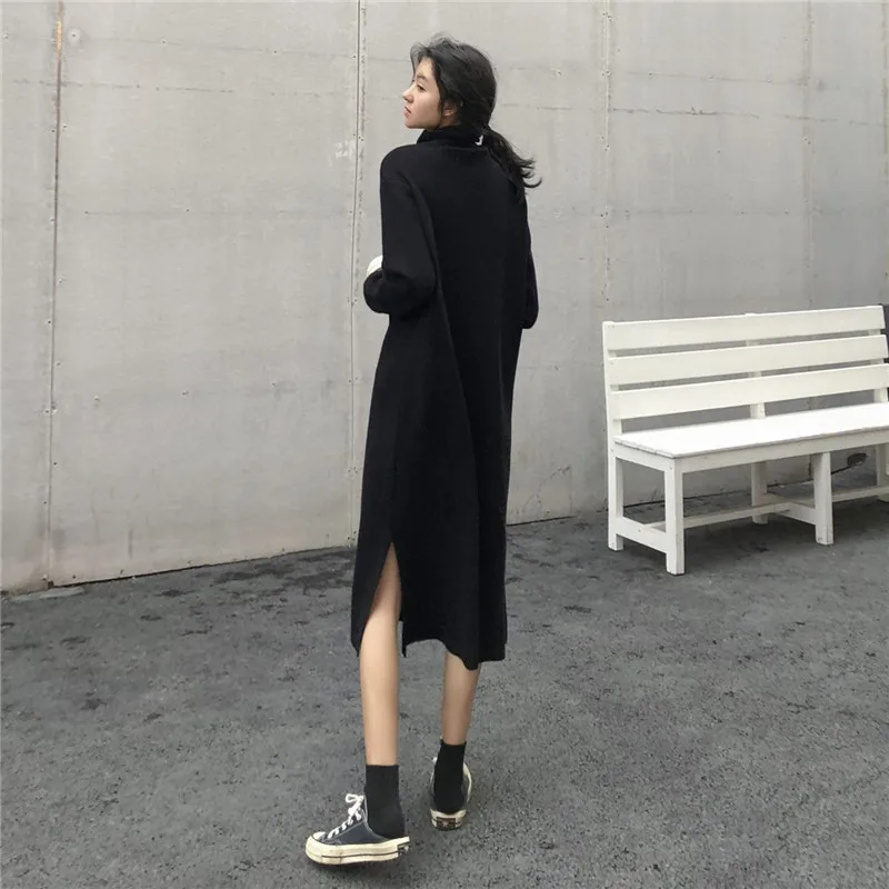 

Turtleneck Sweater Dress Winter Female New Fashion Long Soft Warm Side Split Loose Women Thick Knitted Dress JK290