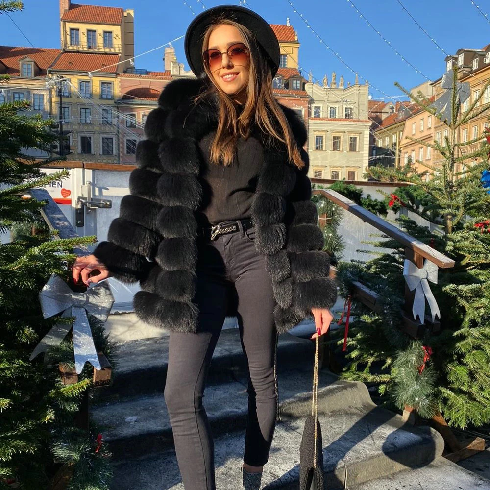 Fashion Black Real Fox Fur Coat Round Collar Medium Length Whole Skin Genuine Fox Fur Jacket Female Trendy Fur Overcoat Luxury
