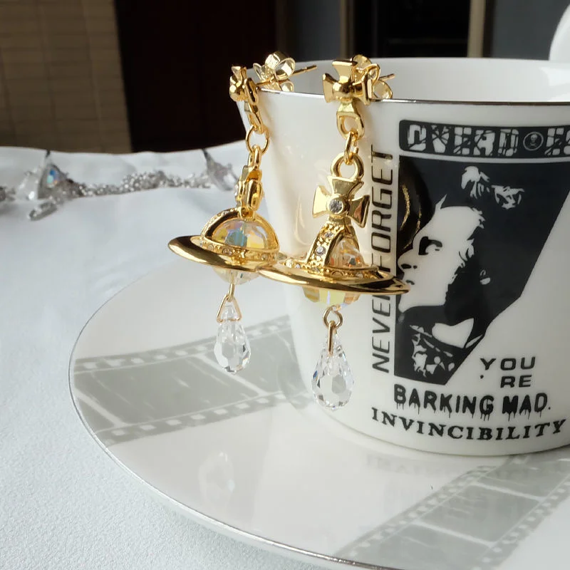 

Fashion Female Long Crystal Planet Dangle Earrings Silver Color Zirconia Drop Earrings Bride Wedding Earrings for Women Jewelry