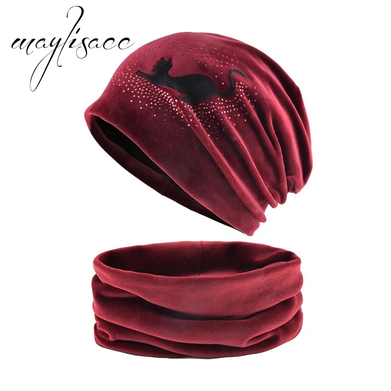 Wine Red Maylisacc, Женская осенне-зимняя теплая шапка с шарфом и кольцом, милые шапочки с котом, шапки в стиле хип-хоп, женские шарфы с шапкой - Цвет: Wine Red
